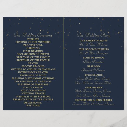 Elegant Navy & Gold Falling Stars Wedding Programm (Achterkant)