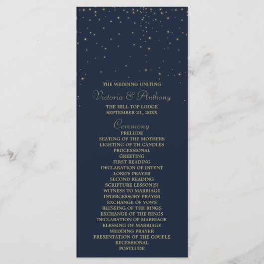 Elegant Navy & Gold Falling Stars Wedding Programm Programmakaart (Voorkant)