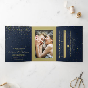 Elegant Navy & Gold Falling Stars Wedding Suite Drieluik Uitnodiging