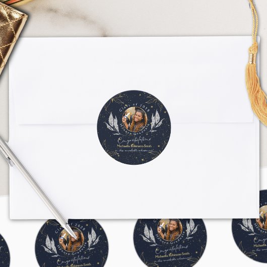 Elegant Navy Gold Felicitaties Afstuderen Ronde Sticker