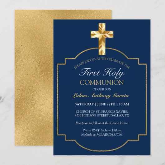 Elegant Navy Gold First Heilige Communie Kaart (Voorkant / Achterkant)