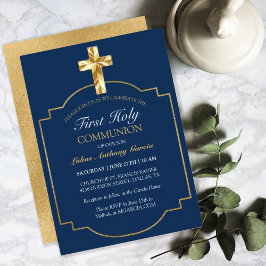 Elegant Navy Gold First Heilige Communie Kaart