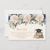 Elegant Navy Gold Floral Afstuderen Bedankkaart (Voorkant)