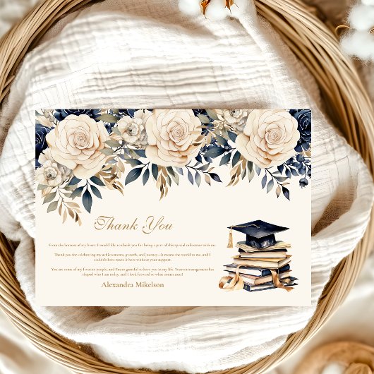 Elegant Navy Gold Floral Afstuderen Bedankkaart