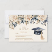 Elegant Navy Gold Floral Afstuderen RSVP Kaartje (Voorkant)