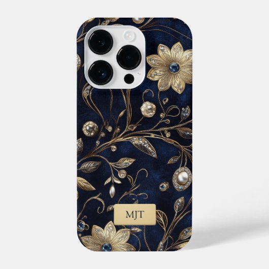 Elegant Navy Gold Floral Phone Case iPhone Hoesje (Achterkant)