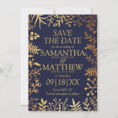 Elegant Navy & Gold Floral Wedding Save the Date (Voorkant)