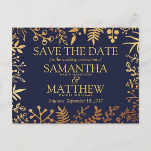 Elegant Navy & Gold Floral Wedding Save the Date Aankondigingskaart