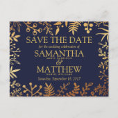 Elegant Navy & Gold Floral Wedding Save the Date Aankondigingskaart (Voorkant)