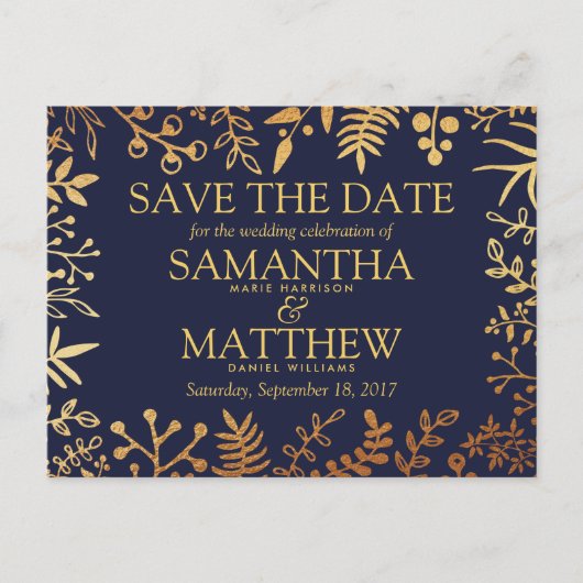 Elegant Navy & Gold Floral Wedding Save the Date Aankondigingskaart (Voorkant)