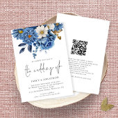 Elegant Navy Gold Florals QR Code Weddenschap Kaart