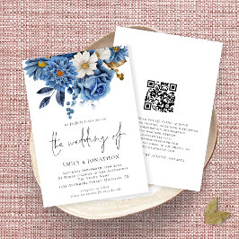 Elegant Navy Gold Florals QR Code Weddenschap Kaart