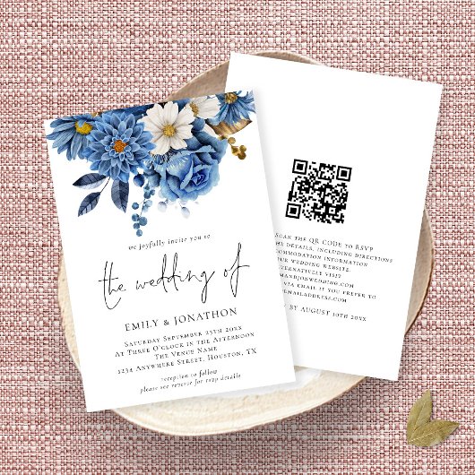 Elegant Navy Gold Florals QR Code Weddenschap Kaart