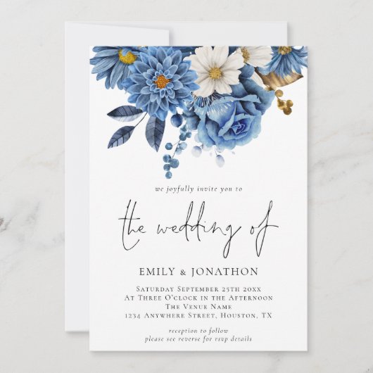 Elegant Navy Gold Florals QR Code Weddenschap Kaart (Voorkant)