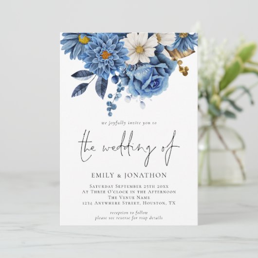 Elegant Navy Gold Florals QR Code Weddenschap Kaart (Staand voorkant)