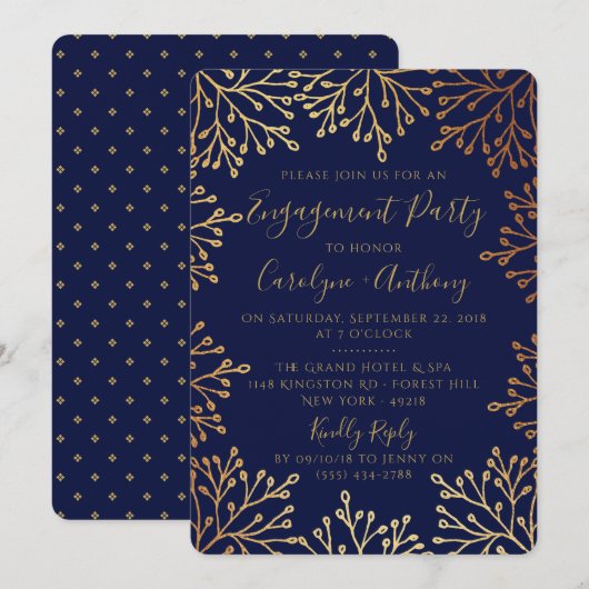 Elegant Navy & Gold Foil Floral Engagement Party Kaart (Voorkant / Achterkant)
