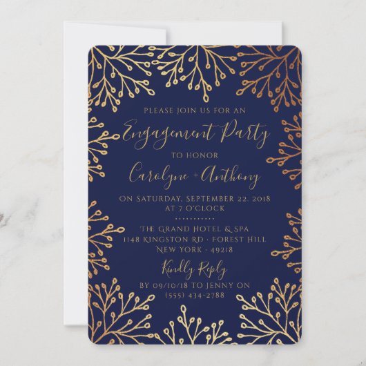 Elegant Navy & Gold Foil Floral Engagement Party Kaart (Voorkant)
