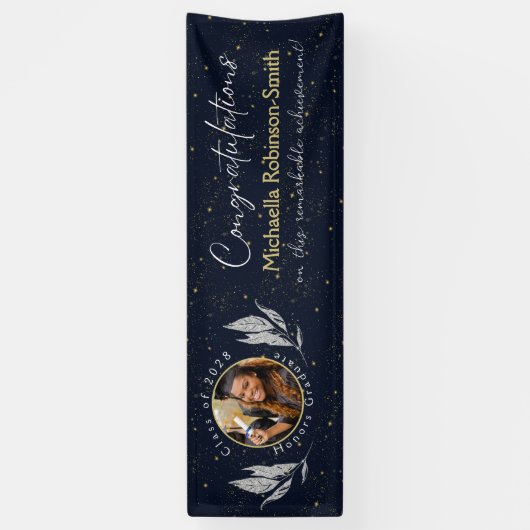 Elegant Navy Gold Gefeliciteerd Afstudeerfeest Spandoek (Verticaal)