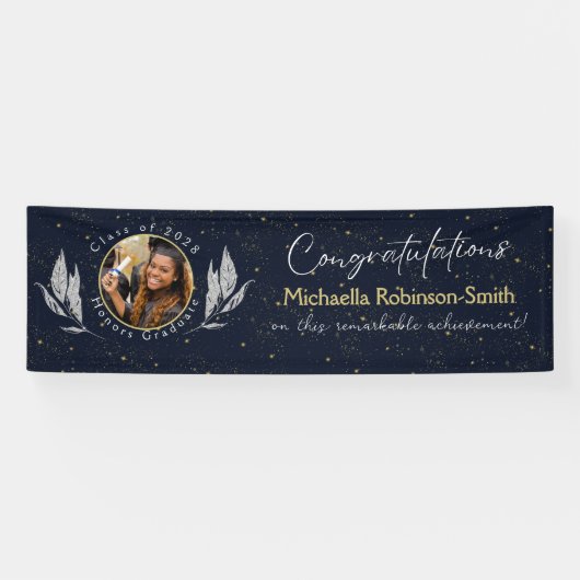Elegant Navy Gold Gefeliciteerd Afstudeerfeest Spandoek (Horizontaal)