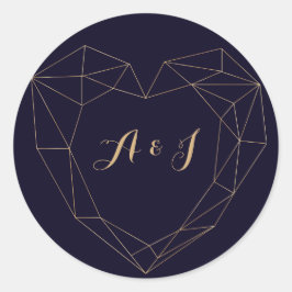 Elegant Navy Gold Geometrisch Hart Lijst Bruiloft Ronde Sticker