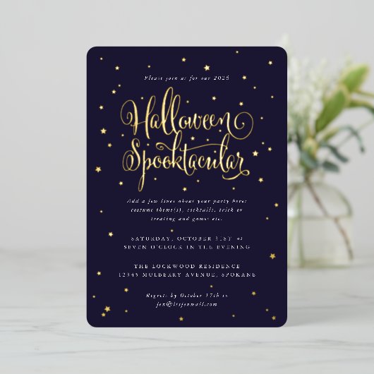 Elegant Navy/Gold Halloween Spooktacular + sterren Folie Uitnodiging (Staand Voorkant)