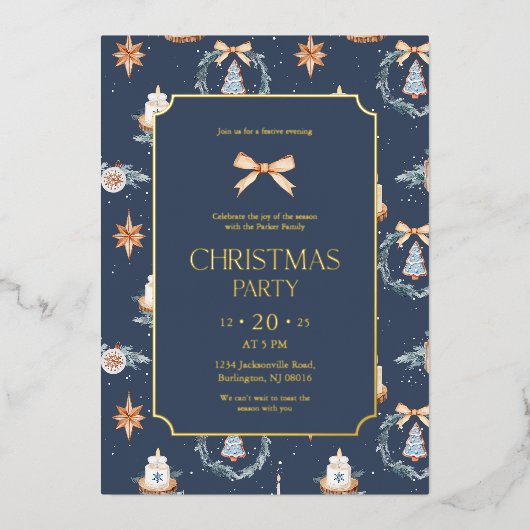 Elegant Navy & Gold Kerstfeest Folie Uitnodiging (Voorkant)