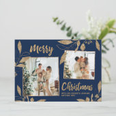 Elegant Navy Gold Leaves 2 Fotokerstkaart (Staand voorkant)