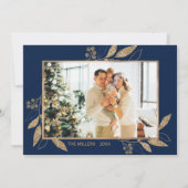 Elegant Navy Gold Leaves 2 Fotokerstkaart (Achterkant)