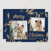 Elegant Navy Gold Leaves 2 Fotokerstkaart (Voorkant / Achterkant)