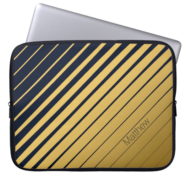Elegant Navy & Gold Lines met aangepaste naam Laptop Sleeve (Voorkant)
