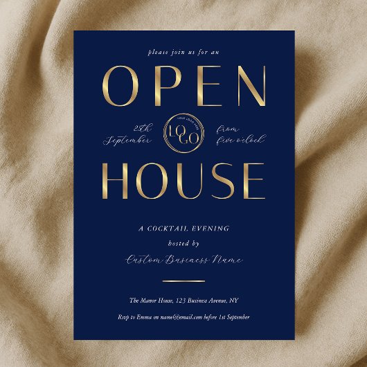 Elegant Navy & Gold Logo Business Open House Kaart