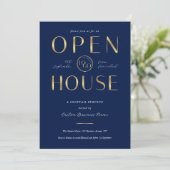 Elegant Navy & Gold Logo Business Open House Kaart (Staand voorkant)