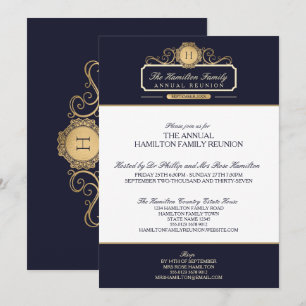 Elegant Navy Gold Monogram Jaarlijkse Familiereüni Kaart