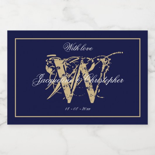 Elegant Navy Gold Monogram Names Chic Wedding Mini Sparkling Wijnetiket (Enkel label)