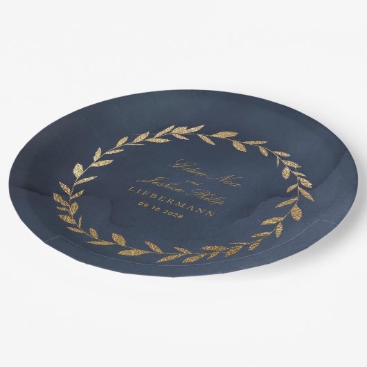 Elegant Navy & Gold Olive Branch Wreath Wedding Papieren Bordje (Gekanteld)