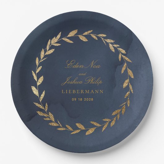 Elegant Navy & Gold Olive Branch Wreath Wedding Papieren Bordje (Voorkant)