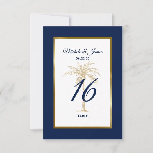 Elegant Navy Gold Palm Tree Weddenquenummer Bedankkaart (Voorkant)