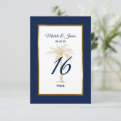 Elegant Navy Gold Palm Tree Weddenquenummer Bedankkaart (Staand voorkant)