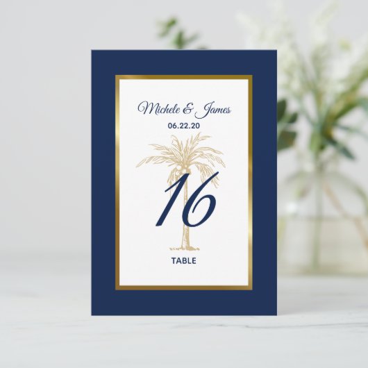 Elegant Navy Gold Palm Tree Weddenquenummer Bedankkaart (Staand voorkant)
