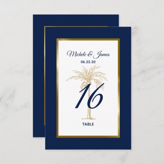 Elegant Navy Gold Palm Tree Weddenquenummer Bedankkaart (Voorkant / Achterkant)