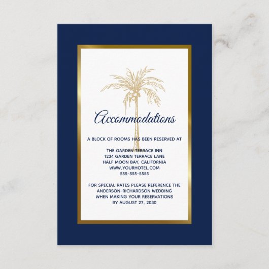 Elegant Navy Gold Palm Tree Wedding Accommodations Informatiekaartje (Voorkant)