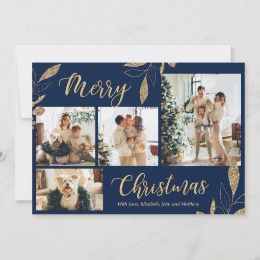 Elegant Navy Gold Photo Collage-kerstkaart (Voorkant)
