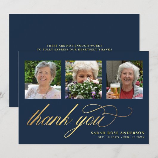 Elegant Navy & Gold Photo Funeral Hartelijk dank Bedankkaart (Voorkant / Achterkant)