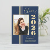 Elegant Navy Gold Photo Lijst 2024 Afstuderen Aankondiging (Staand voorkant)