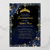 Elegant Navy Gold Roos Jurk Quinceanera Folie Uitnodiging (Voorkant)