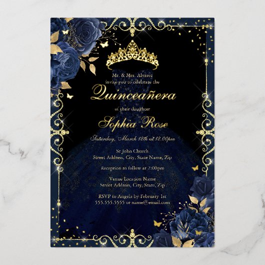 Elegant Navy Gold Roos Jurk Quinceanera Folie Uitnodiging (Voorkant)