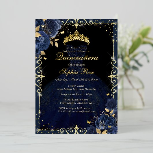 Elegant Navy Gold Roos Jurk Quinceanera Folie Uitnodiging (Staand Voorkant)