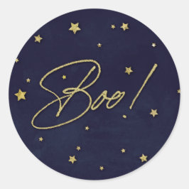 Elegant Navy+Gold Scattered Stars Boo! Halloween Ronde Sticker