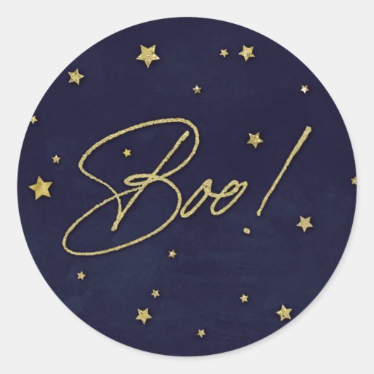Elegant Navy+Gold Scattered Stars Boo! Halloween Ronde Sticker (Voorkant)