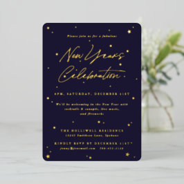 Elegant Navy+Gold Scattered Stars New Years Folie Uitnodiging
